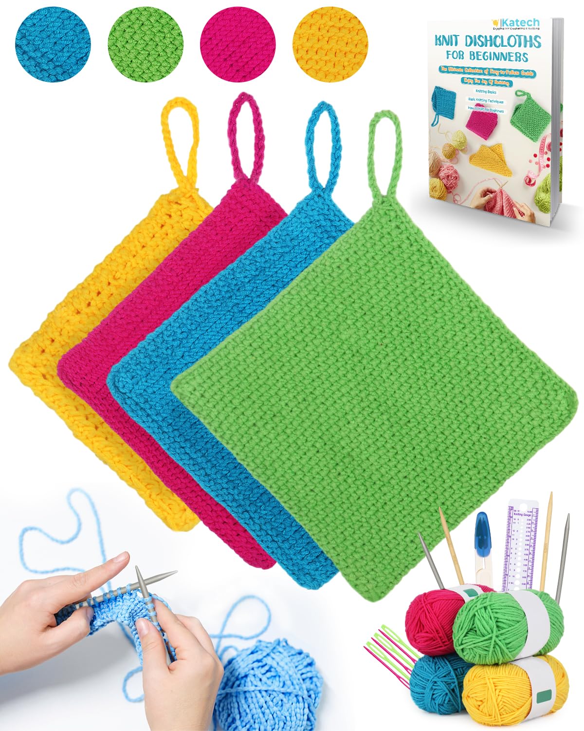 Katech Knitting Kit for Beginners - Learn to Knit Dishcloth - Adults & Kids Knitting Kit with Knitting Book, Needles, Yarn, Yarn Needle, Craft Kits Gift (Beginner to Expert)