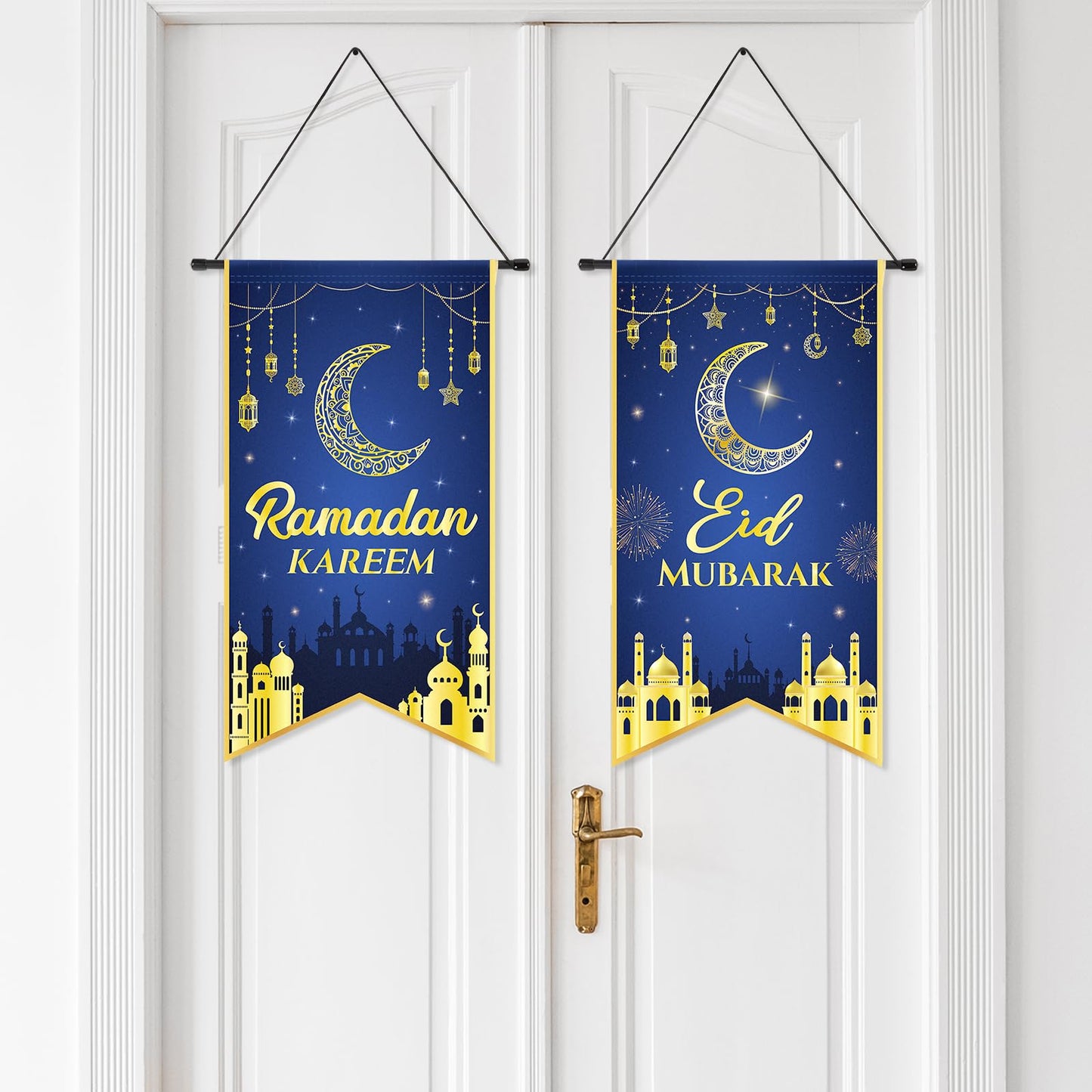 2PCS Eid Mubarak Decorations Ramadan Kareem Hanging Door Sign Ramadan Mubarak Banner Party Decorations Welcome Wall Banner for Party Supplies