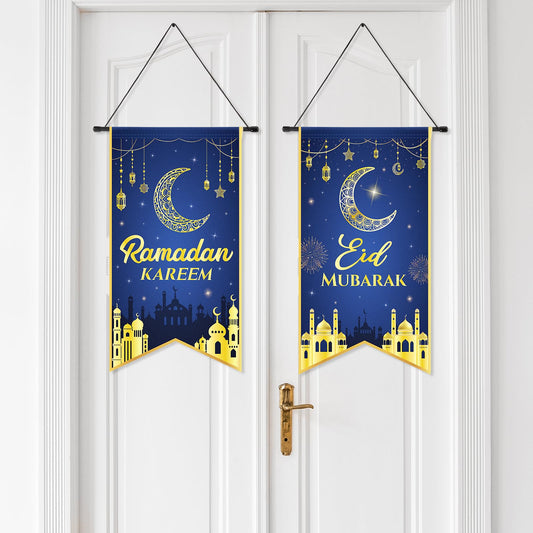 2PCS Eid Mubarak Decorations Ramadan Kareem Hanging Door Sign Ramadan Mubarak Banner Party Decorations Welcome Wall Banner for Party Supplies