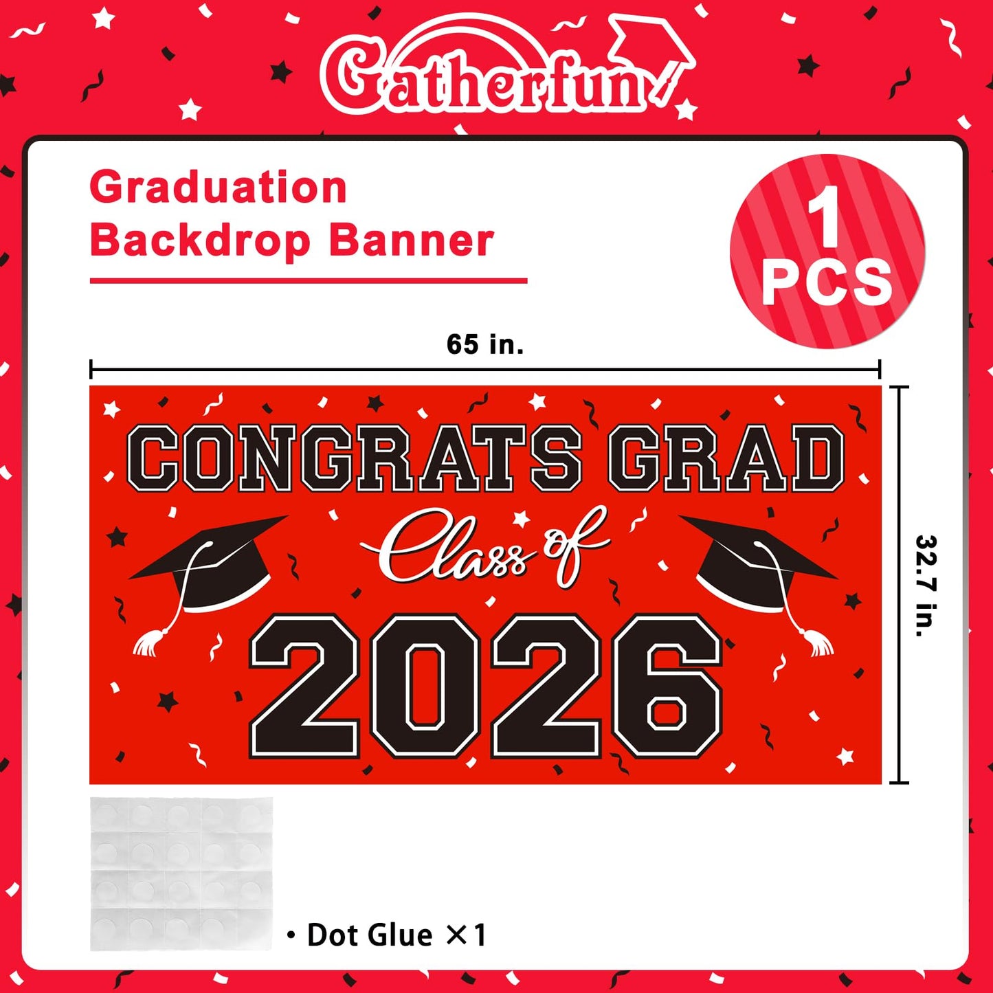 2026 Graduation Party Plastic Backdrop - 65" x 32.7" Congrats Grad Banner in Red, Large Class of 2026 Decorations, Photography & Grad Party Supplies