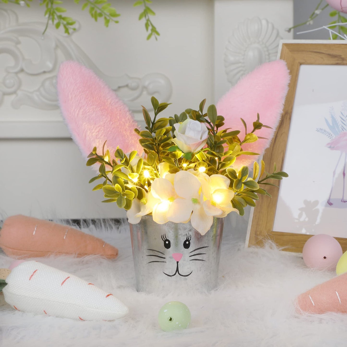 Easter Table Decorations Artificial Flower with Bunny Ear, Lighted Desk Decor Bunny Flowers, Easter Tabletop Decorations for Home Table Mantle Office Spring Party