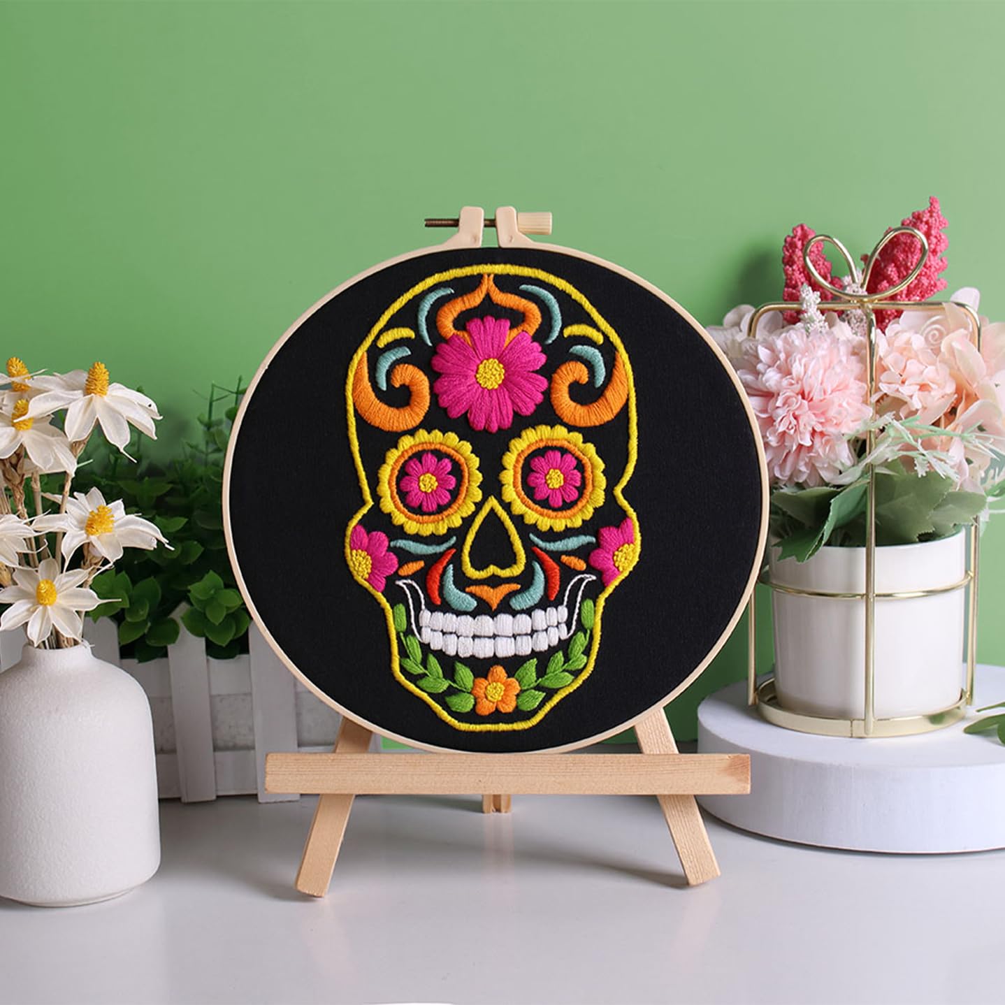3 Sets Halloween Embroidery Kits for Beginners,Cross Stitch Kit for Adults,DIY Starters Needlepoint with Skull Flowers Pattern,Including Instruction