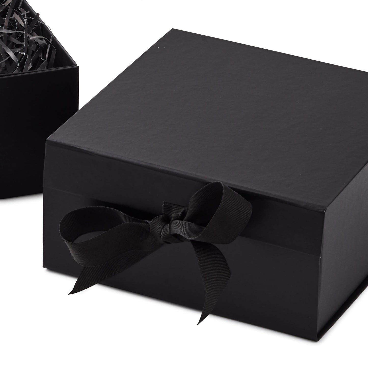 Medium Gift Boxes with Bow and Shredded Paper Fill, Pack of 2 (Black 8 inch Box) for Weddings, Graduations, Birthdays, Father's Day, Groomsmen Gifts, All Occasion