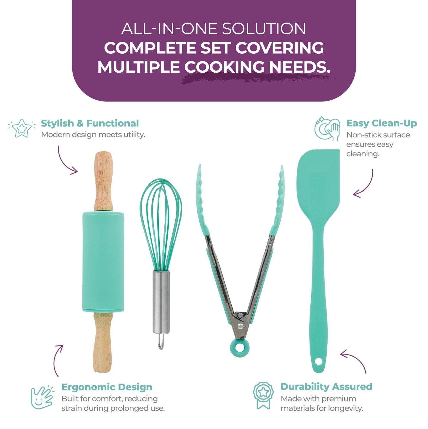 Tovla Jr. Kids Cooking Utensils Set - 4-Piece Kids Kitchen Tools - Safe Kids Baking Set - Food Grade Toddler Chef Supplies - Gender Neutral Silicone Cookware Kit with Spatula Whisk Tongs Rolling Pin