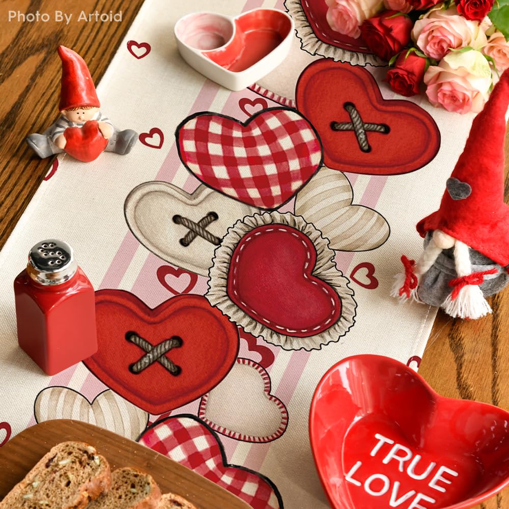 Artoid Mode Heart-Shaped Buttons Valentine's Day Table Runner, Seasonal Kitchen Dining Table Decoration for Indoor Home Party 13x72 Inch