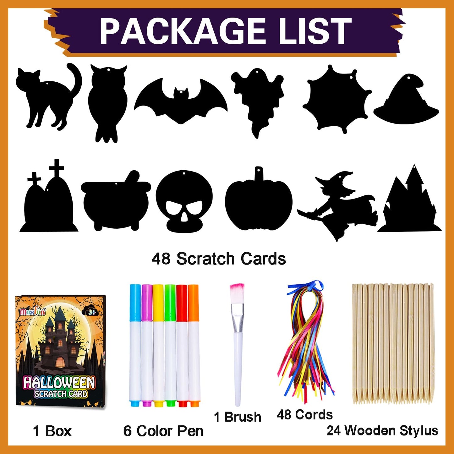 Max Fun Halloween Crafts for Kids Scratch Off Art Paper Cards 48Pack, Magic Rainbow Ornaments Hanging Supplies Educational Toys Kit Halloween Party Games Favor