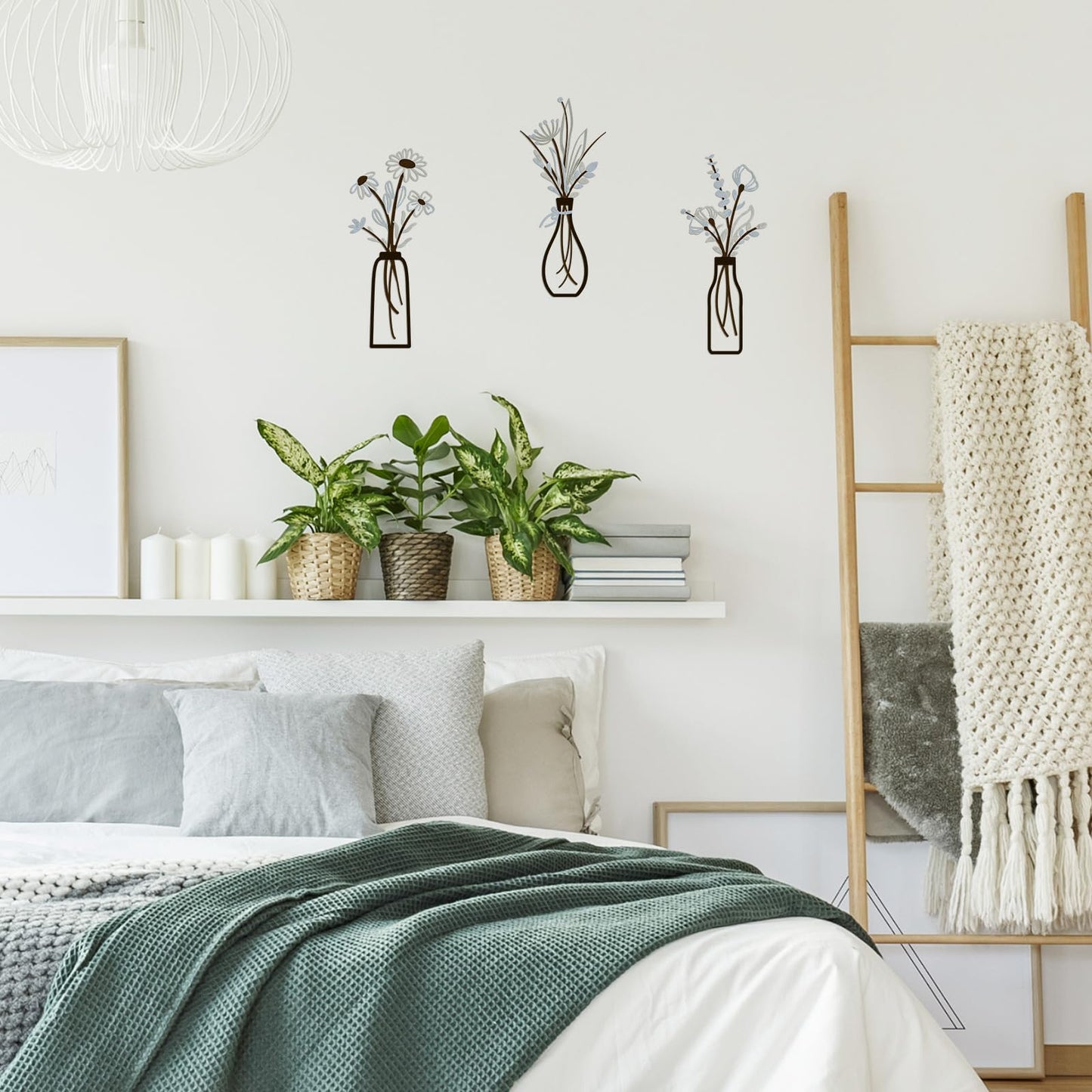 3 Pieces Metal Vase Flowers Wall Arts - Rustic Farmhouse Style Décor Metal Wall Art Black Minimalist Flower Natural Themed Wall Decors for Home Bedroom Dining Room Housewarming (Brown-Blue, Vase-C)