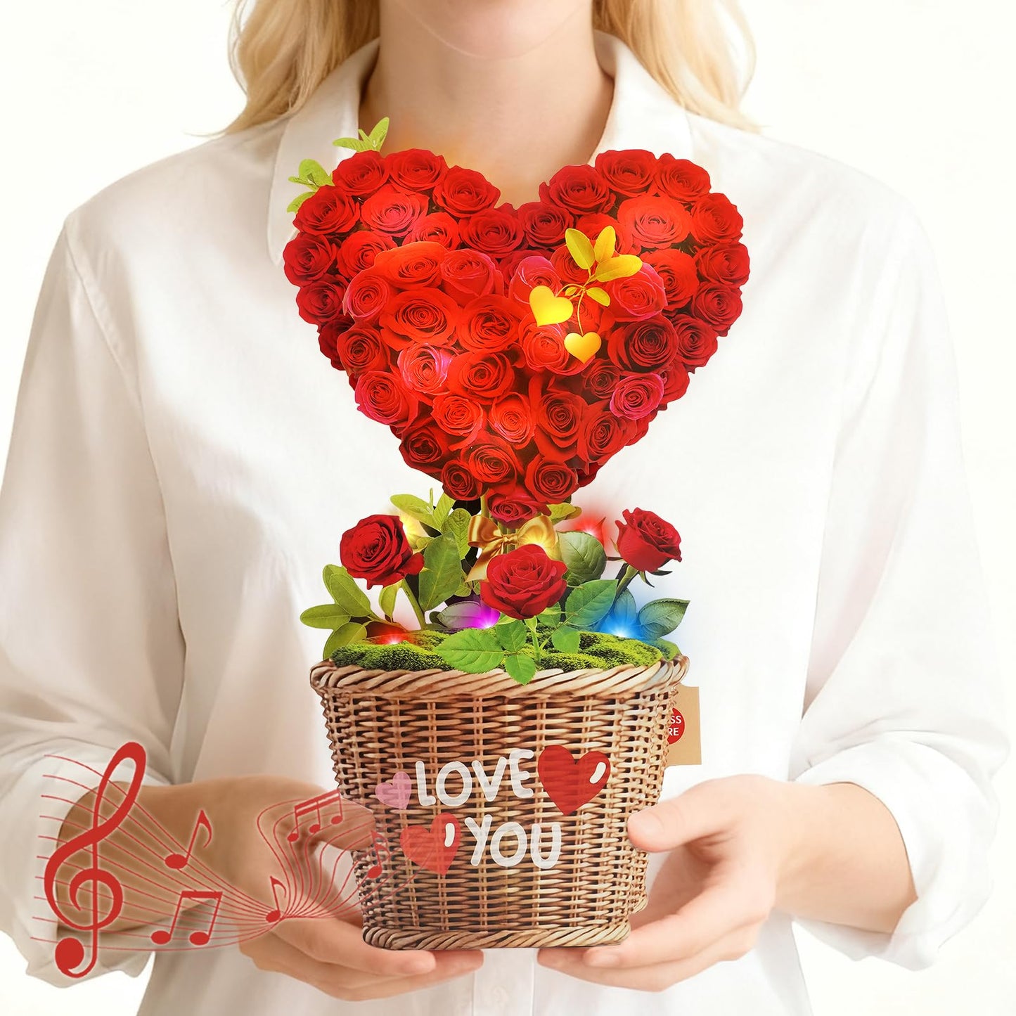 MZD8391 Mothers Day Card with MUSIC & LIGHTS, 3D Pop Up Birthday Card & Anniversary Card, Love Tree Hearts, 10 Inch Life Sized Forever Bouquet Mothers Day Gift for Women Her Wife Mom
