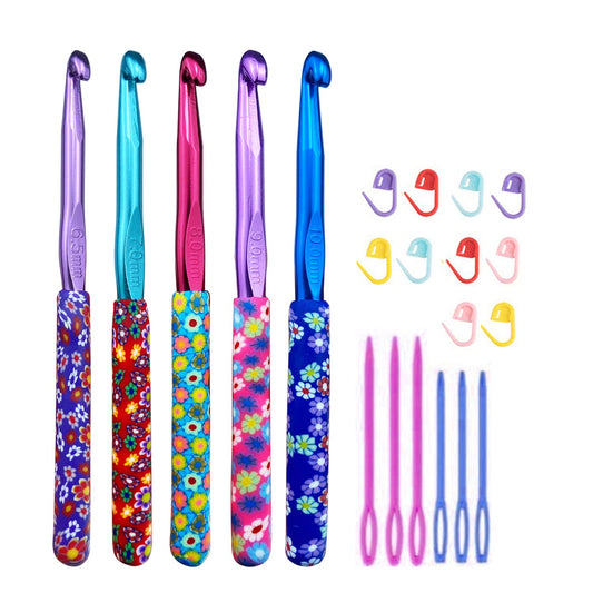 Large 5 Size Aluminum Crochet Hook Set 6.5m(K)/7mm/8mm(L)/9mm(M)/10mm(N) Knitting Needles Craft Weave Yarn Set Polymer Clay Crochet Needles for Crocheting - Premium Knitting Crochet Supplies