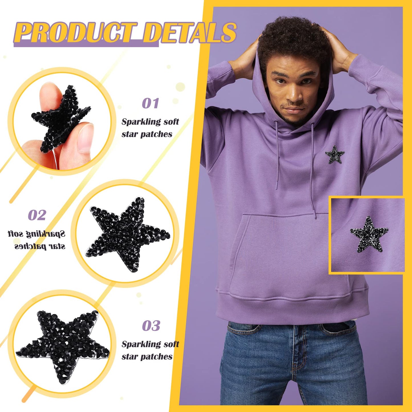 Syhood 24 Pcs Star Patches Iron on Rhinestone Adhesive Sequin Glitter Star Patches Appliques for Graduation Holiday Wedding Clothing Jeans Repair Decors(1.57 Inch,Black, Silver, Grey)