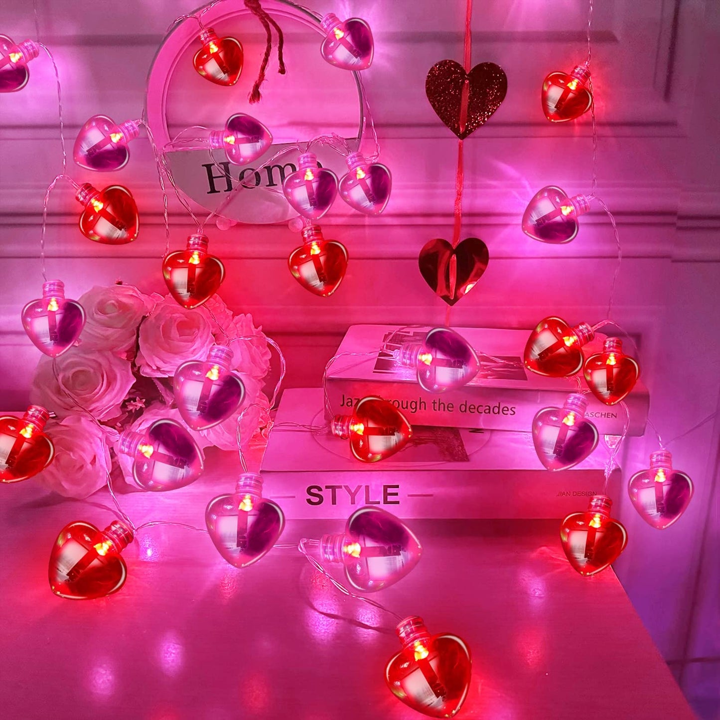 Valentines Day Decorations Heart String Lights Valentines Decor, 8.2FT 20LED Red Pink Heart Garland Light Timer 8 Modes Remote Control, Battery Operated Valentine Lights Home Indoor Outdoor Wedding