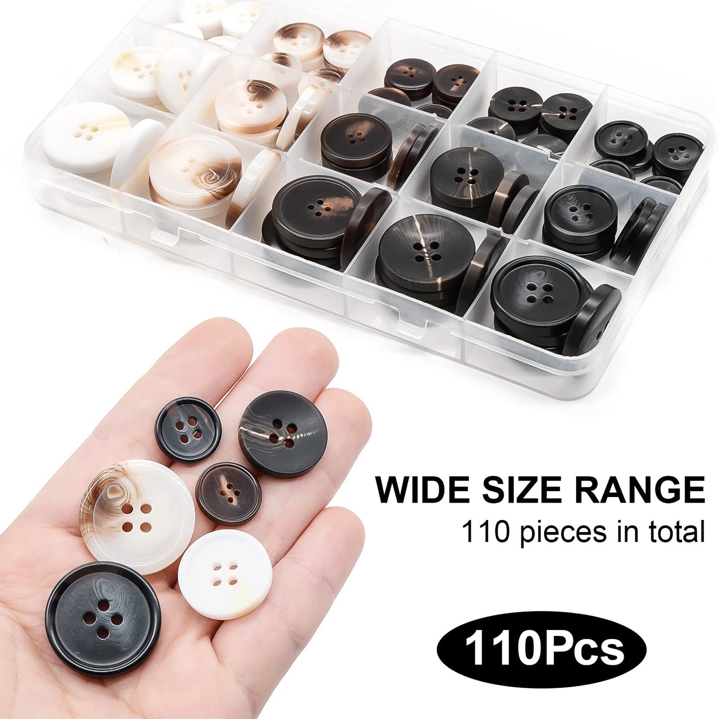 OELFFOW 110Pcs Mixed Sewing Buttons, 4-Hole Craft Round Blazer Buttons, 5 Color 3 Size(15mm,20mm,25mm) Suit Coats Resin Button, Suitable for Variety Clothing Sewing, DIY Craft(White)