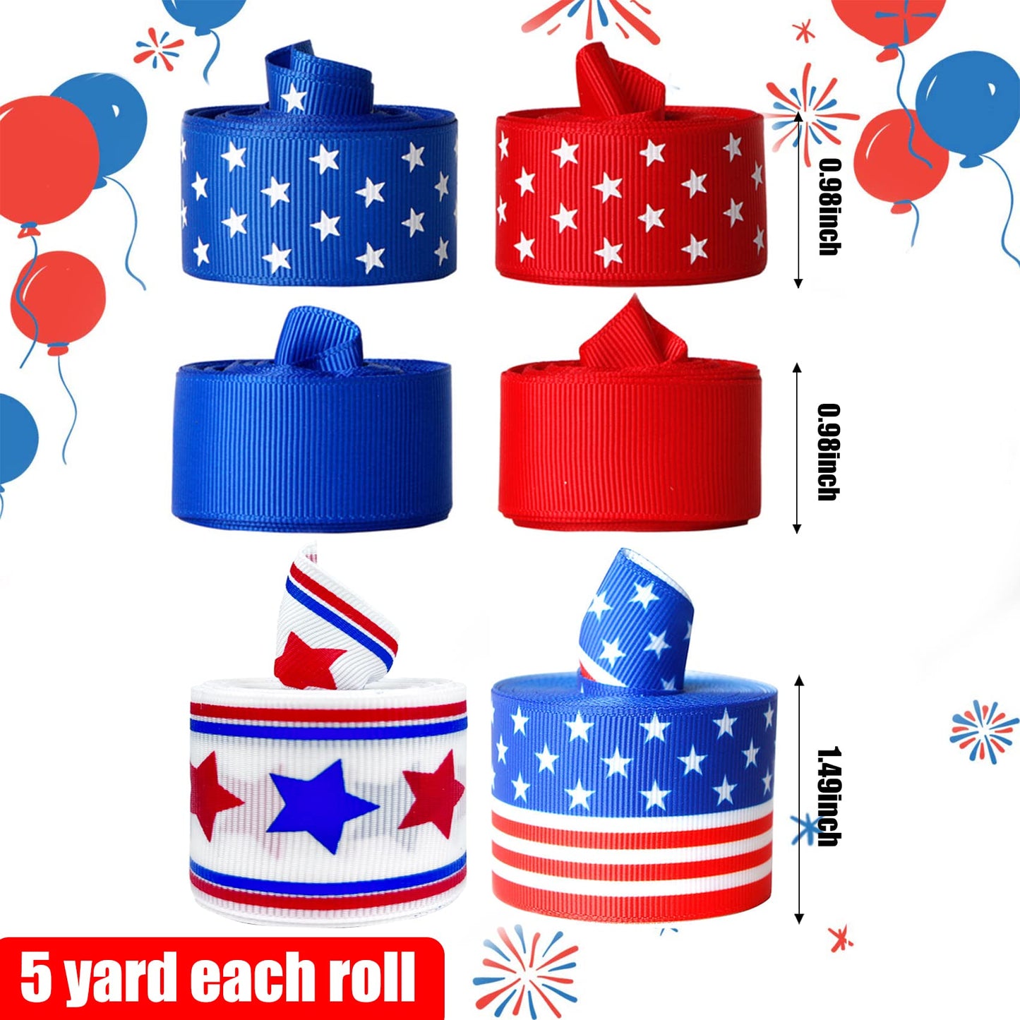 4th of July Decorations Ribbon - Red White and Blue Ribbon Decorations 4th of July Ribbons Patriotic Memorial Day Decoration, 6 Rolls X 15 Feets (Total 90 Feets) DIY Patriotic Ribbons Crafts