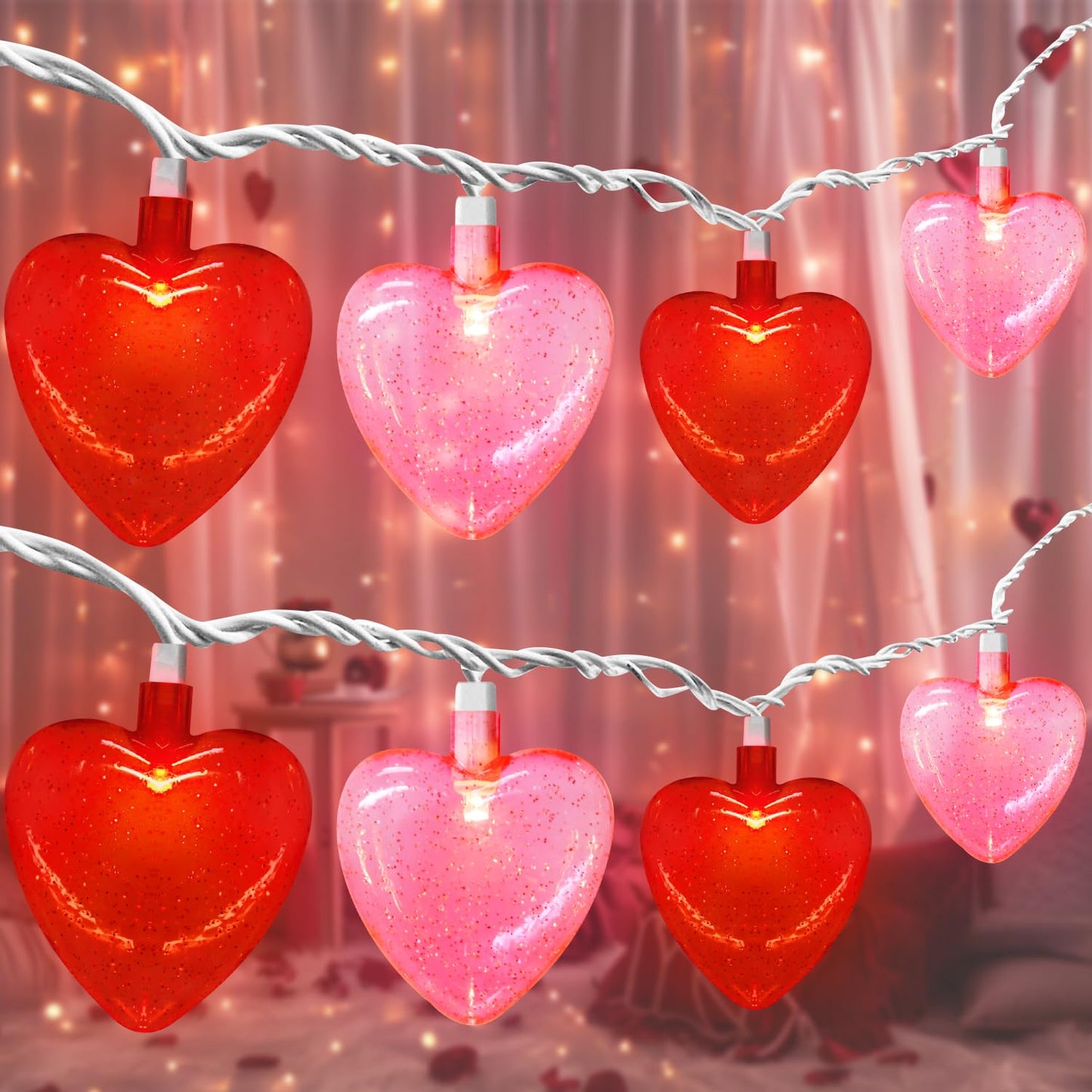 LED Valentines Day Lights - 8.5Ft Led Red and Pink Heart String Lights with Sequins, Plug in Valentine Day Heart Lights Outdoor Waterproof for Valentines Day Decorations for the Home & Party, 0.48W
