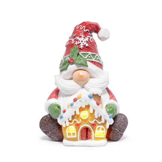 Christmas Gnome Figurine with Gingerbread House | Holiday Elf Decoration with Santa Beard, Snowflake Hat – Christmas Tabletop Ornament for Home, Fireplace Mantel & Holiday Decor