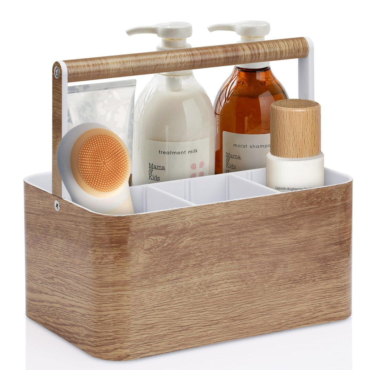 BYUNER Shower Caddy Portable for College: Devided Bathroom Caddy Shower Basket for Dorm with Handle, Plastic Bathroom Counter Organizer Storage Tote Bin for Dorm,Kitchen,Cabinet, Wood Grain