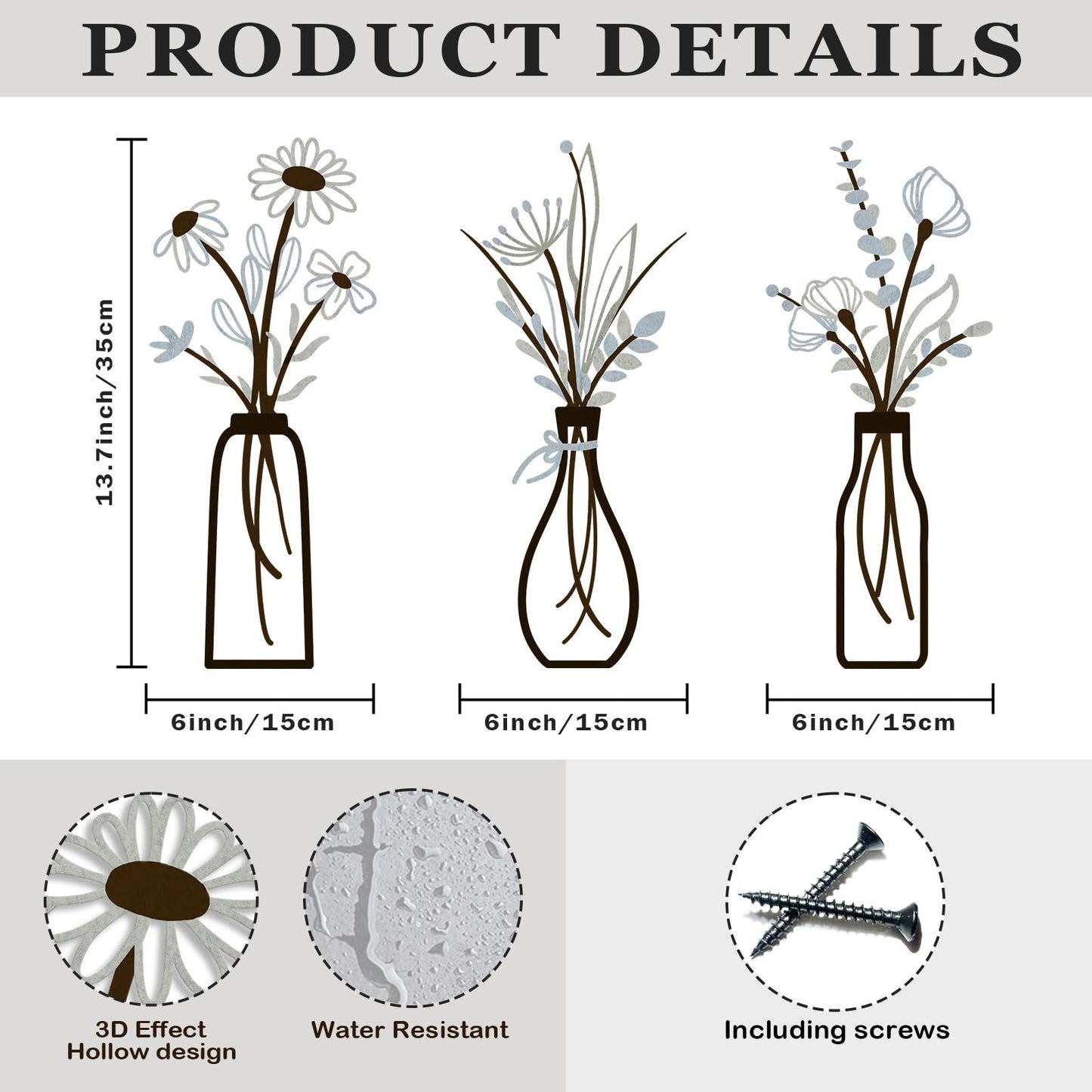 3 Pieces Metal Vase Flowers Wall Arts - Rustic Farmhouse Style Décor Metal Wall Art Black Minimalist Flower Natural Themed Wall Decors for Home Bedroom Dining Room Housewarming (Brown-Blue, Vase-C)