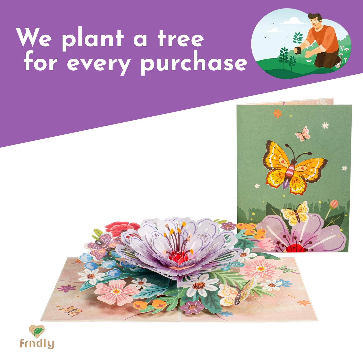 Frndly by Paper Love, Floral Bliss 3D Pop Up Card, Gift for Mothers Day, Birthday, Wedding, Anniversary, Thank You, Get Well, All Occasion - Handcrafted 100% Recycled and Eco-Friendly, 8" x 6" Cover - Includes Envelope and Note Tag