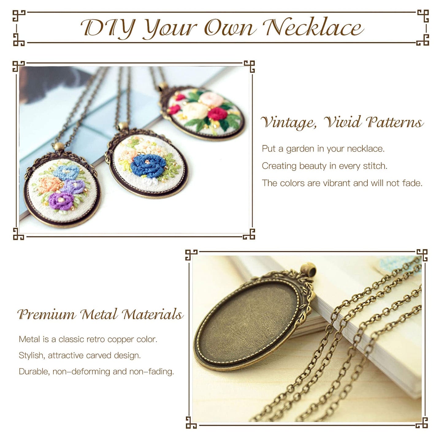 ZOCONE 3 Packs Embroidery Necklace Kit, Embroidery Pendant Kits Mini Cross Stitch Kit with Hoop, Necklace, Pendant, Beads, Stamped Pattern Cloth, Instructions, etc., Embroidery Kits for Adults