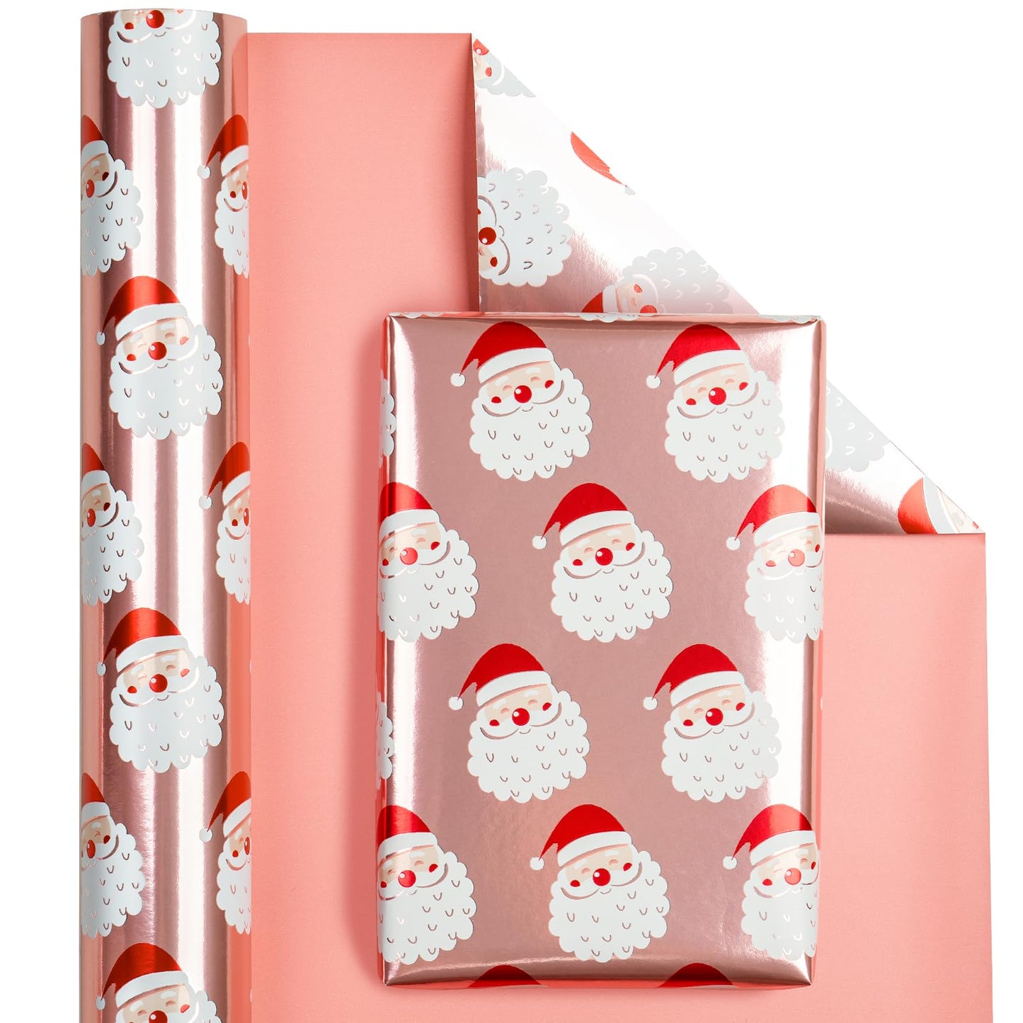 Reversible Christmas Wrapping Paper - Mini Roll - 17 Inch x 33 Feet - Santa Claus Wrapping Paper and Solid Rose Gold Design with Metallic Foil Shine for Chrsitmas, Holiday, Party