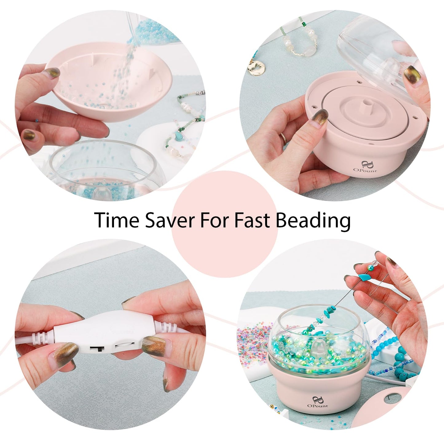 Pink Electric Bead Spinner & 4 PCS 5.3 inch Large Eye Curved Beading Needles, Suitable for Clay Bead, Seed Bead, Round Beads, Bead Spinner for Jewelry Making, Bracelet, Necklace (Patent)