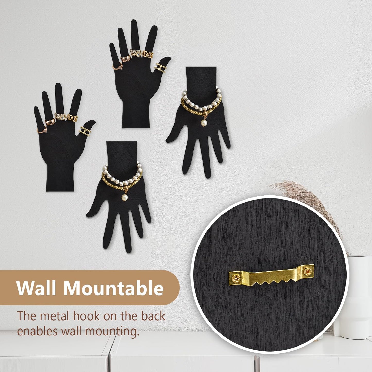 MOOCA 6-Piece Real Wooden Hand Form Jewelry Display Set, 2 Way Design for Wall Hanging or Standalone Mannequin Finger Hand Display, Premium Real Wood Sturdy Base, Black Color