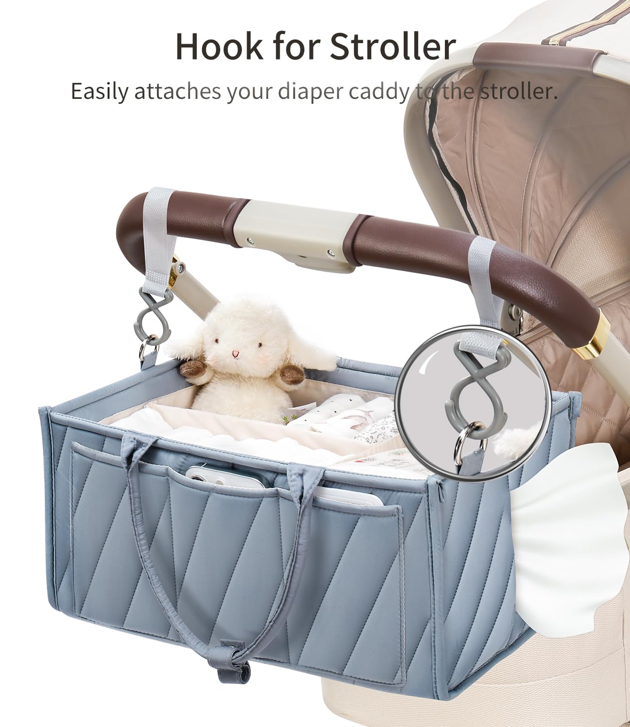 VKSAO Baby Boy Essentials Diaper Caddy Organizer – Portable Storage Basket with Shoulder Strap & Stroller Hooks, Splashproof Quilted Nursery & Car Tote, Baby Gifts for Baby Shower, Classic Blue