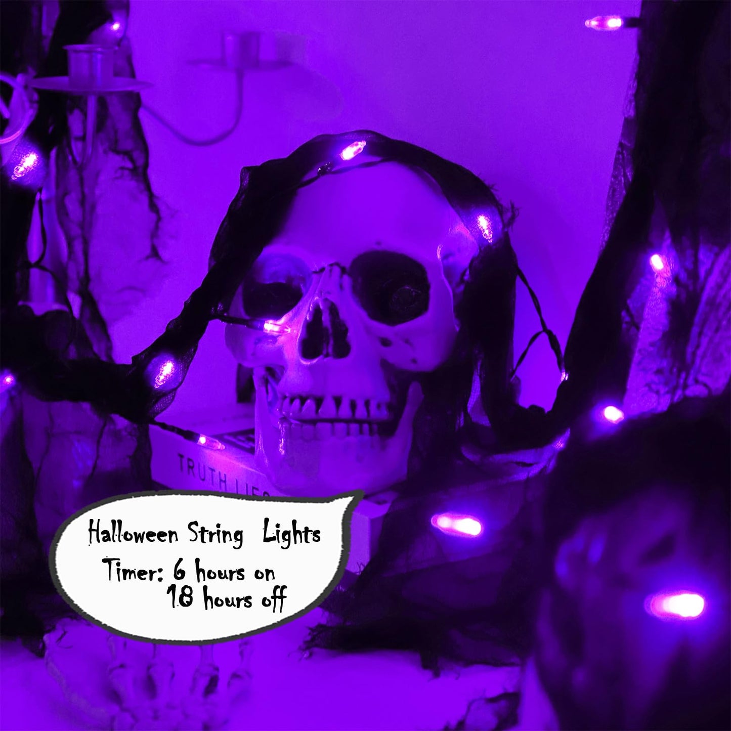 Halloween Decorations Purple String Fairy Lights Indoor, 30LED Black Gauze Halloween Garland, Timer 8 Mode Battery Operated Powered, 9.9Ft Creepy Cloth, Gothic Party Room Mental Fireplace Decor 1PACK