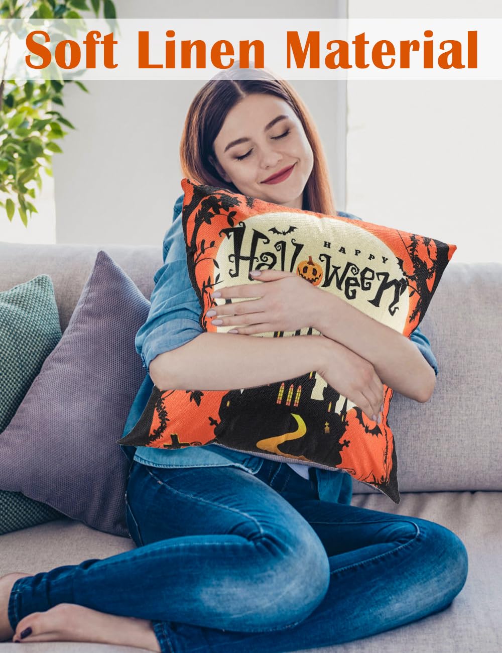 Halloween Decorations Set Of 4 Double-Sided Print Pillow Covers 20" x 20", with 8 Cute Halloween Decor Patterns, Elegant Invisible Zipper, Soft Linen Throw Pillow Covers for Outdoor & Indoor Use