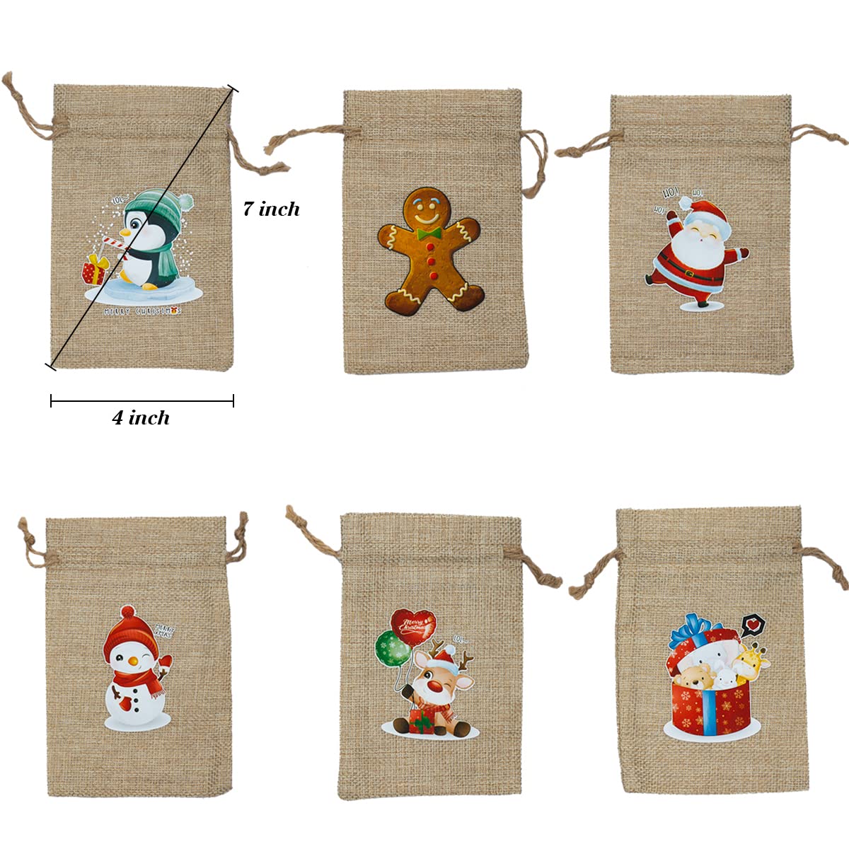 24 Pack Christmas Jute Burlap Bags, Christmas Drawstring Gift Bags for Xmas Presents Holiday Party Favor Treats Candy, 6 Designs