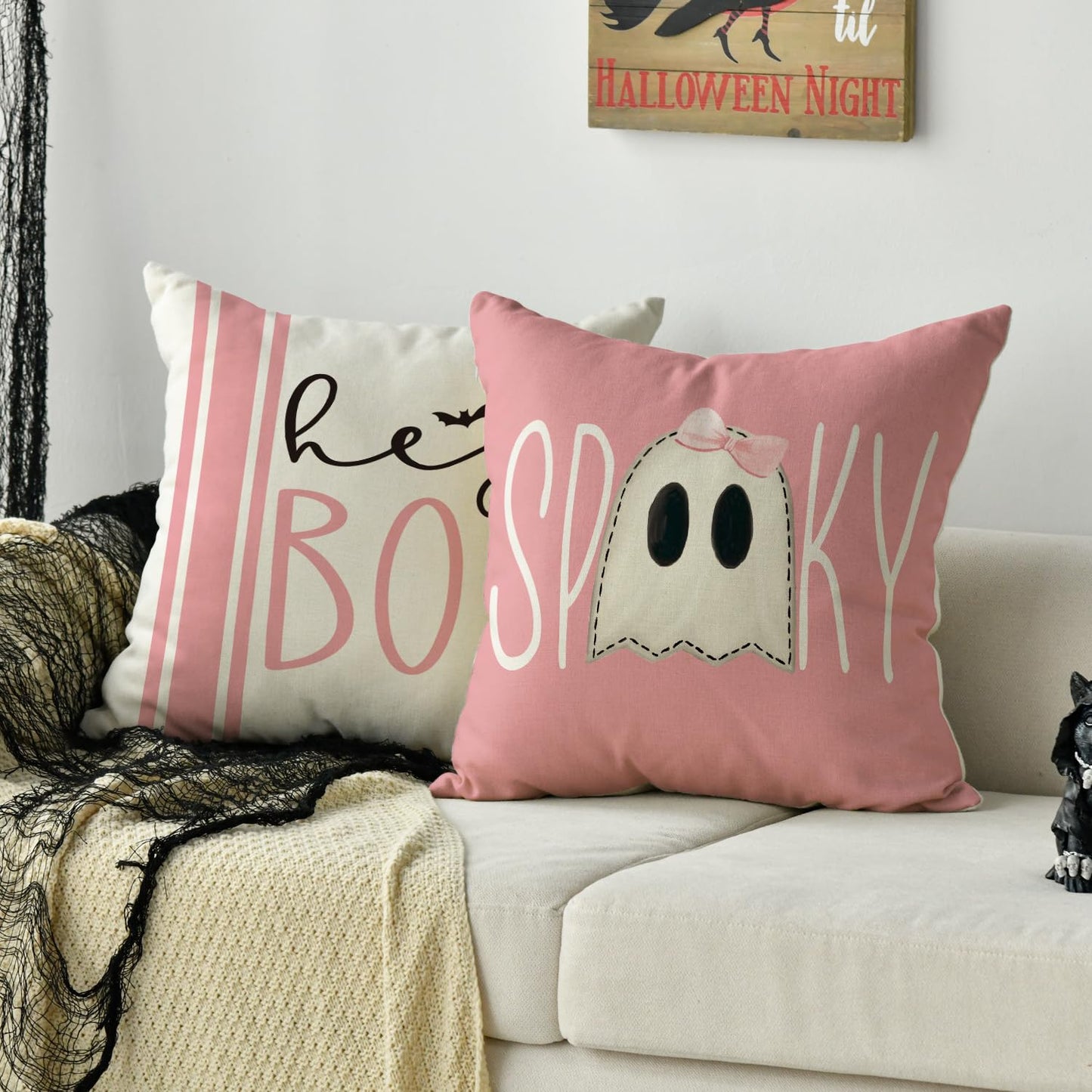 AVOIN colorlife Halloween Hey Boo Cute Ghost Spooky Pink Throw Pillow Covers, 18 x 18 Inch Horror Scary Cushion Case for Sofa Couch Set of 4