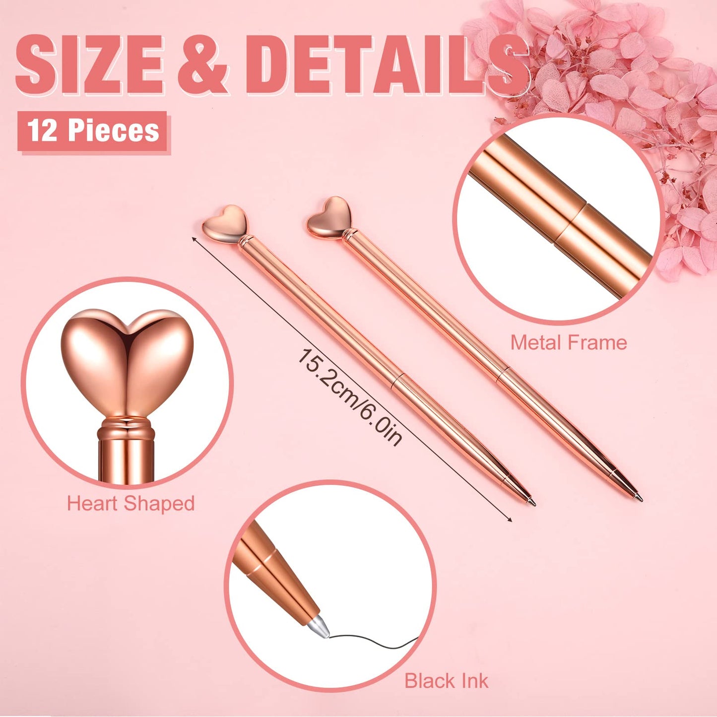 12 Pieces Valentine Heart Shaped Pens Black Ink Retractable Metal Decorative Cute Pens Heart Ballpoint for Valentines Party Favor Women Wedding Bridal Shower Gifts(Rose Gold)