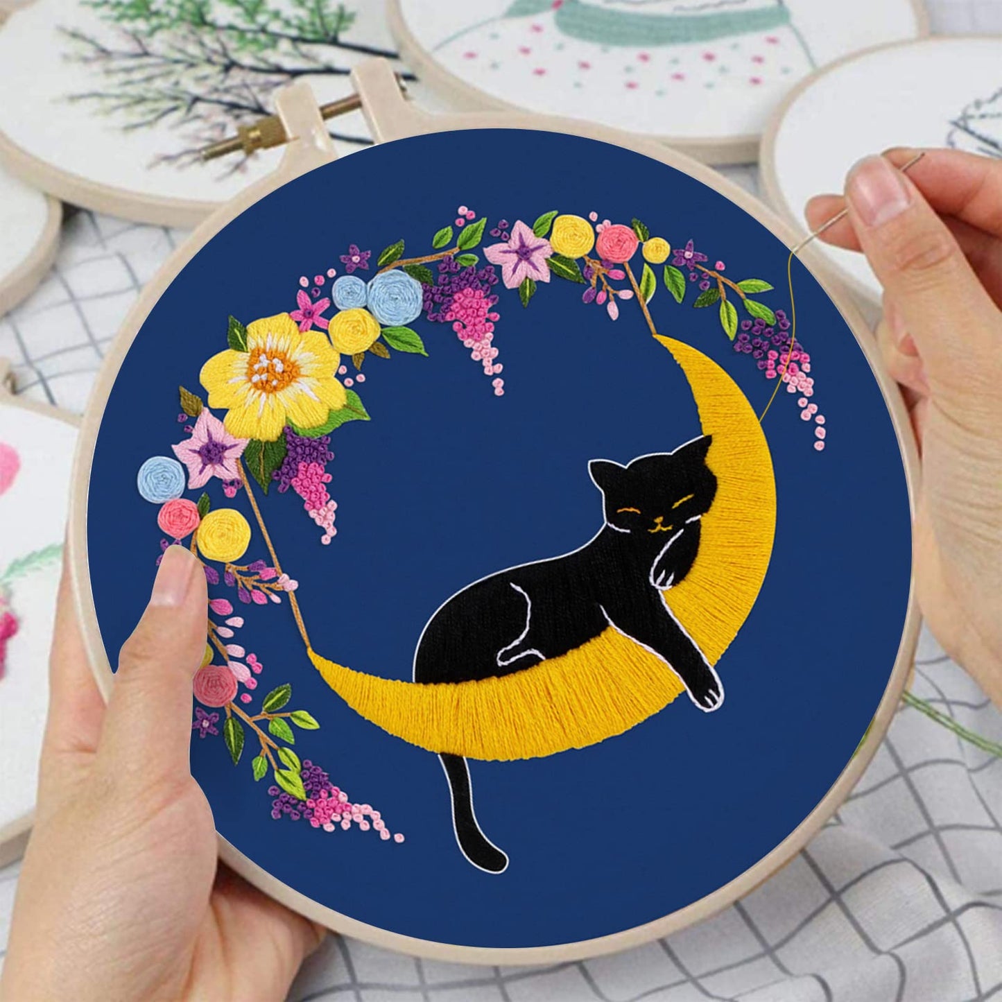 Louise Maelys Cat Moon Embroidery kit for Beginners,Cross Stitch Kits for Adult Including Cloth,Hoop, Color Threads,Needles and Instruction
