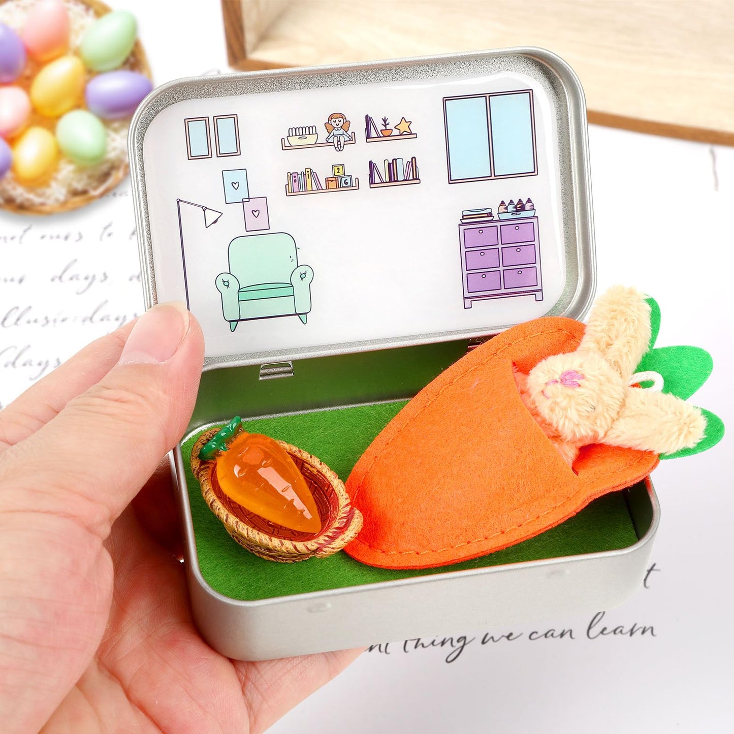 Little Pocket Bunny, Easter Basket Stuffer, Easter Gifts for Kids, DIY Pet Bunny Adoption, Easter Baskets,Cute Rabbit in Tin Box, Travel Buddy