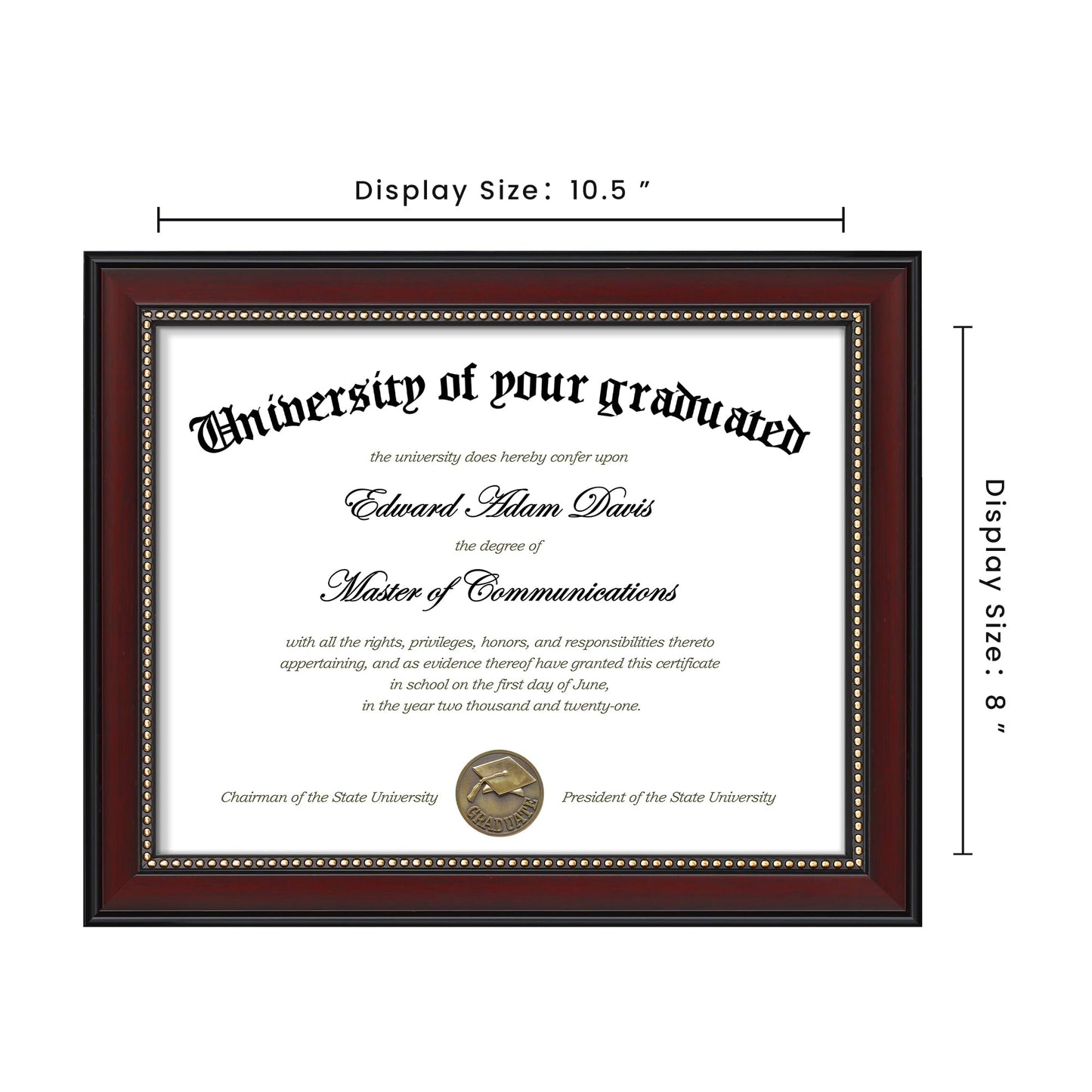 8.5x11 Diploma Certificate Frame with High Definition Glass, Degree Document Frame for Wall and Tabletop, Mahogany with Gold Beads, 1 Pack