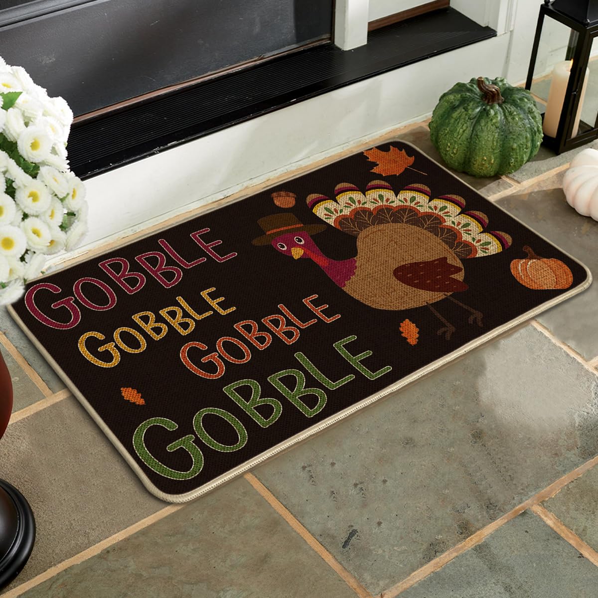 Artoid Mode Black Gobble Turkey Thanksgiving Doormat, Seasonal Fall Holiday Party Low-Profile Floor Mat Switch Mat for Indoor Outdoor 17 x 29 Inch