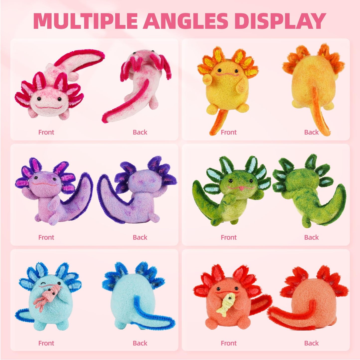 Needle Felting Kit, 6 PCS Animal Needle Felting Beginner Kits, Wool Felt Needle Felting Tools Foam Pad, Craft Party Supplies for Beginners Adult(6pack Axolotl)