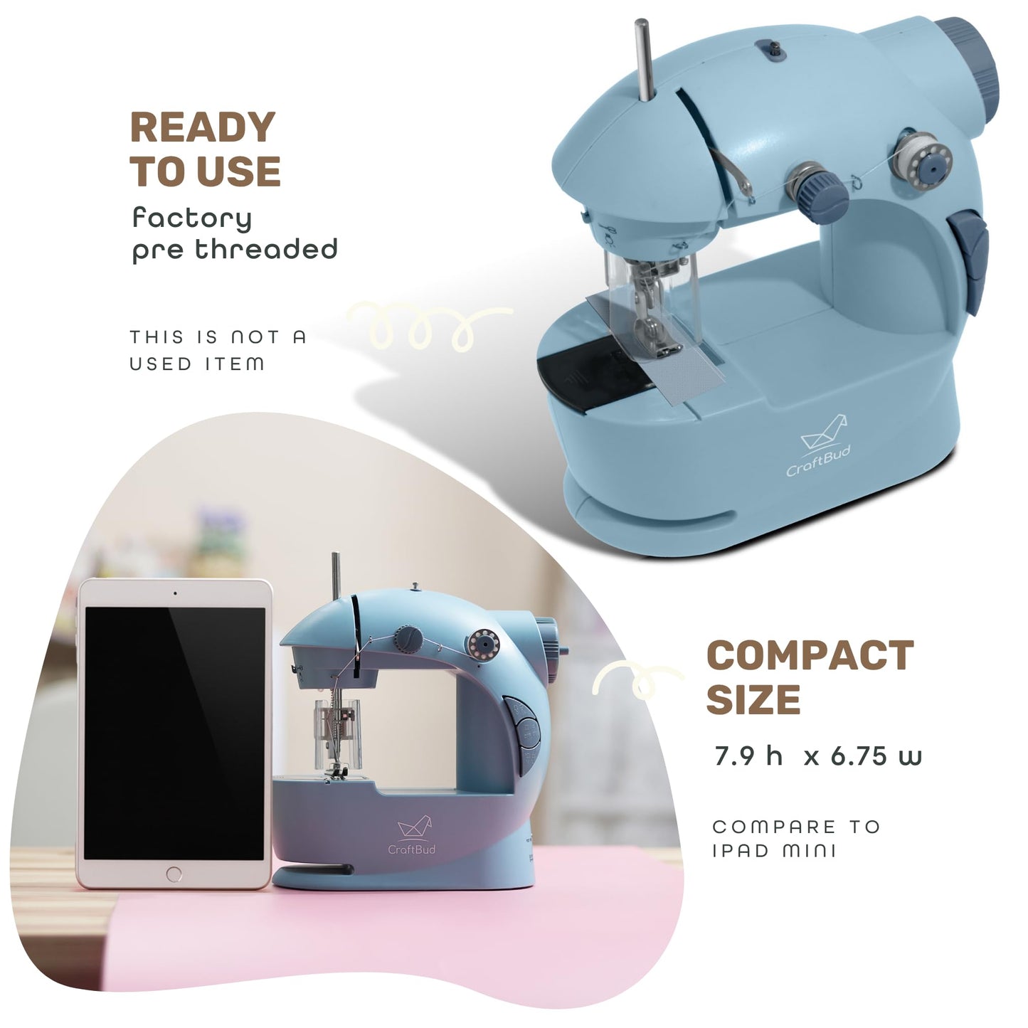 CraftBud Mini Sewing Machine for Beginners, Dual Speed Small Portable Sewing Machine for Kids and Adults with Extension Table, 122 Piece Gift Set Includes, Fabrics, Projects Book, Light and More, Blue