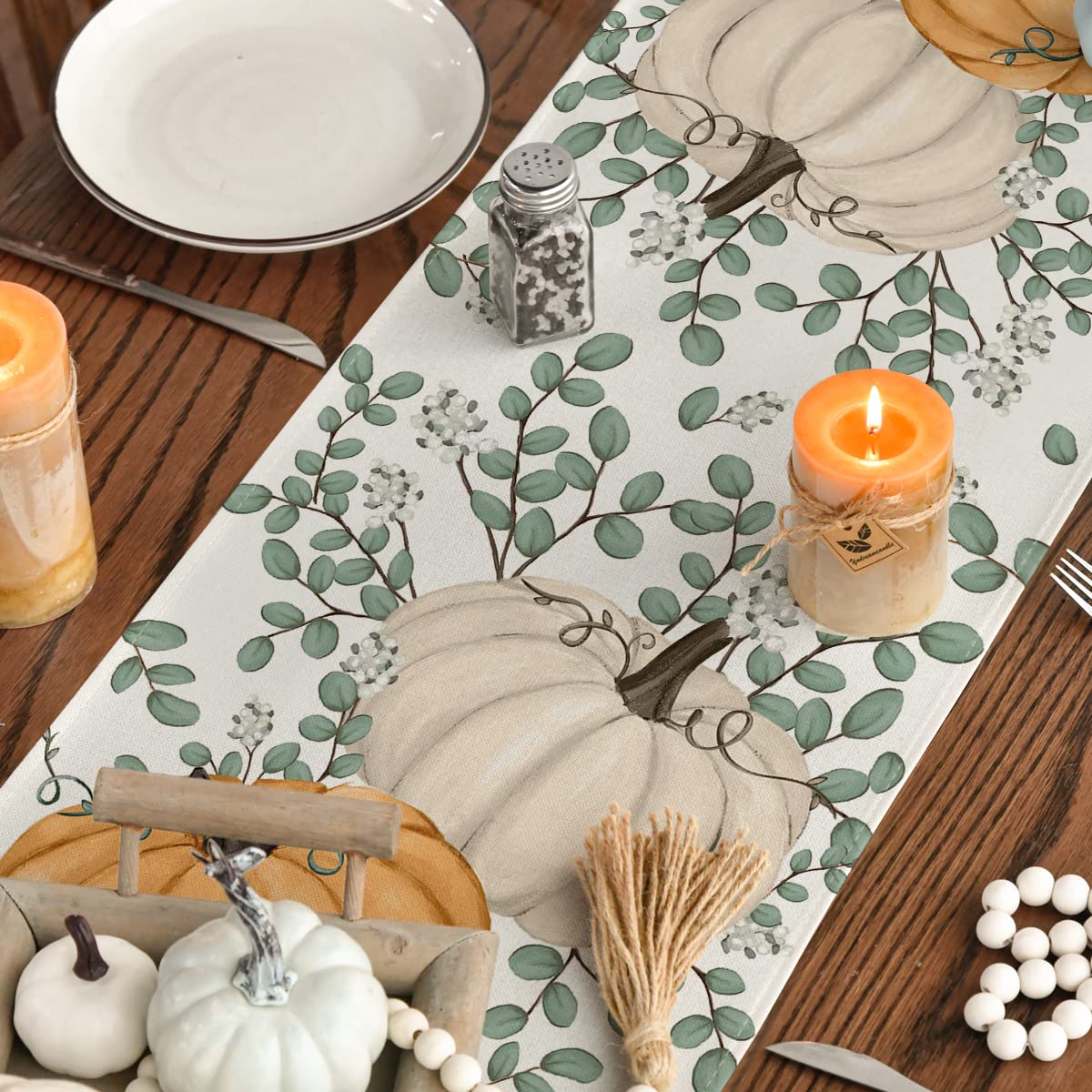 Artoid Mode Orange Pumpkins Eucalyptus Leaves Fall Table Runner, Autumn Thanksgiving Kitchen Dining Table Decoration for Home Party Decor 13x72 Inch