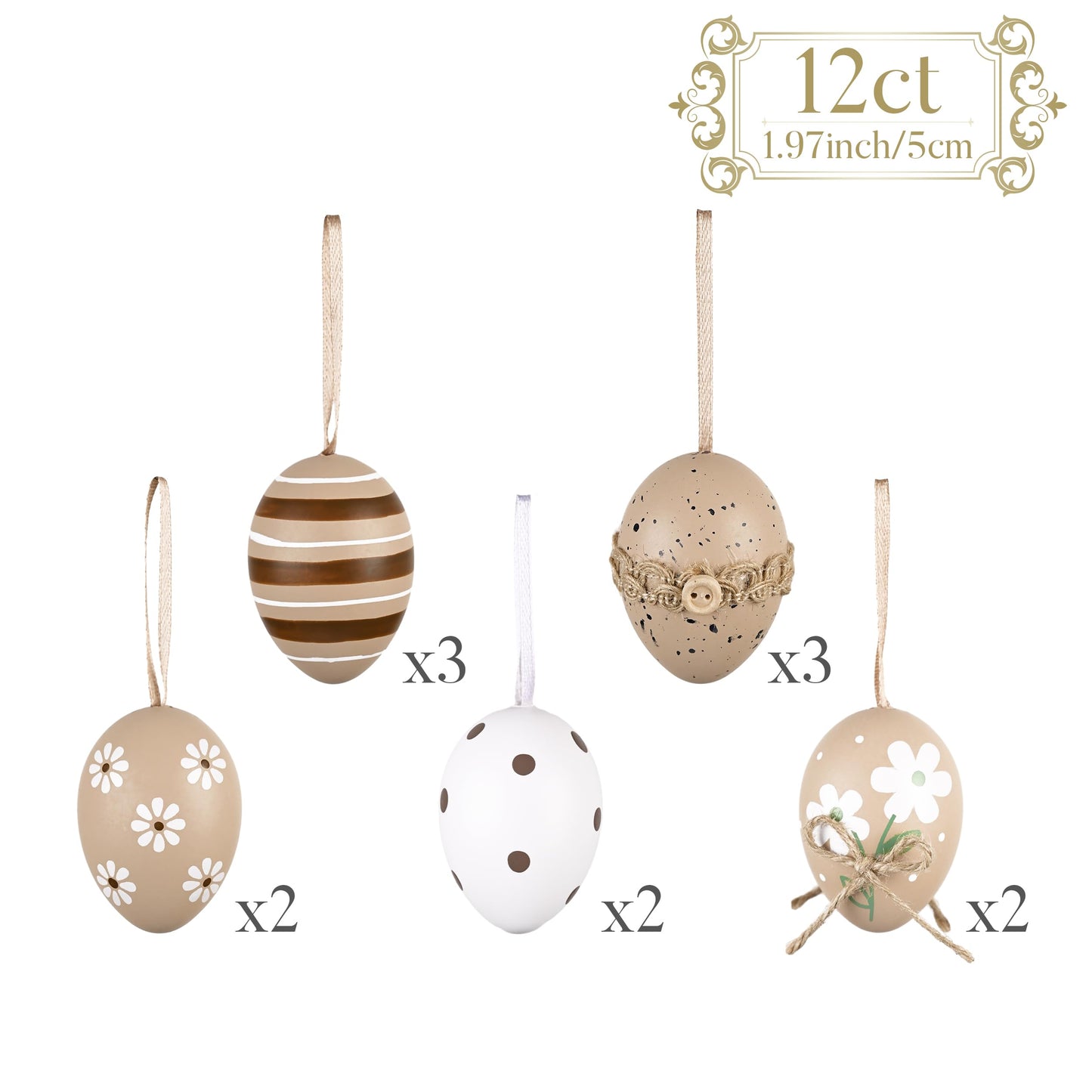 12Pcs Plastic Easter Eggs Ornaments Tree Decoration, 2" Neutral Beige White Easter Eggs Bulk, Shatterproof Decorative Hanging Decorations for Spring Holiday Party Decor