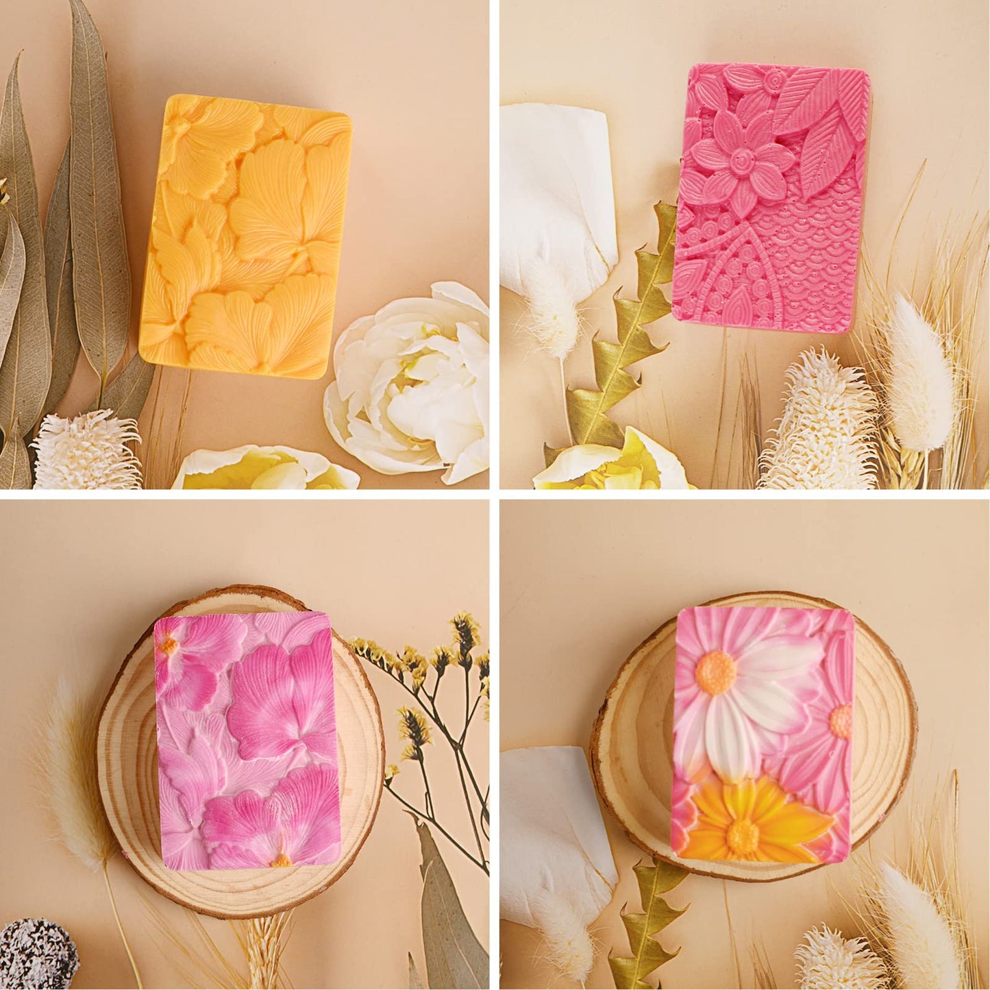 Moukiween Flower Soap Molds Silicone-2PCS 4 Cavities Rectangle Soap Mold 3oz,Flower Shapes Silicone Molds for Soap Bath Bombs Shower Steamer Lotion Bars