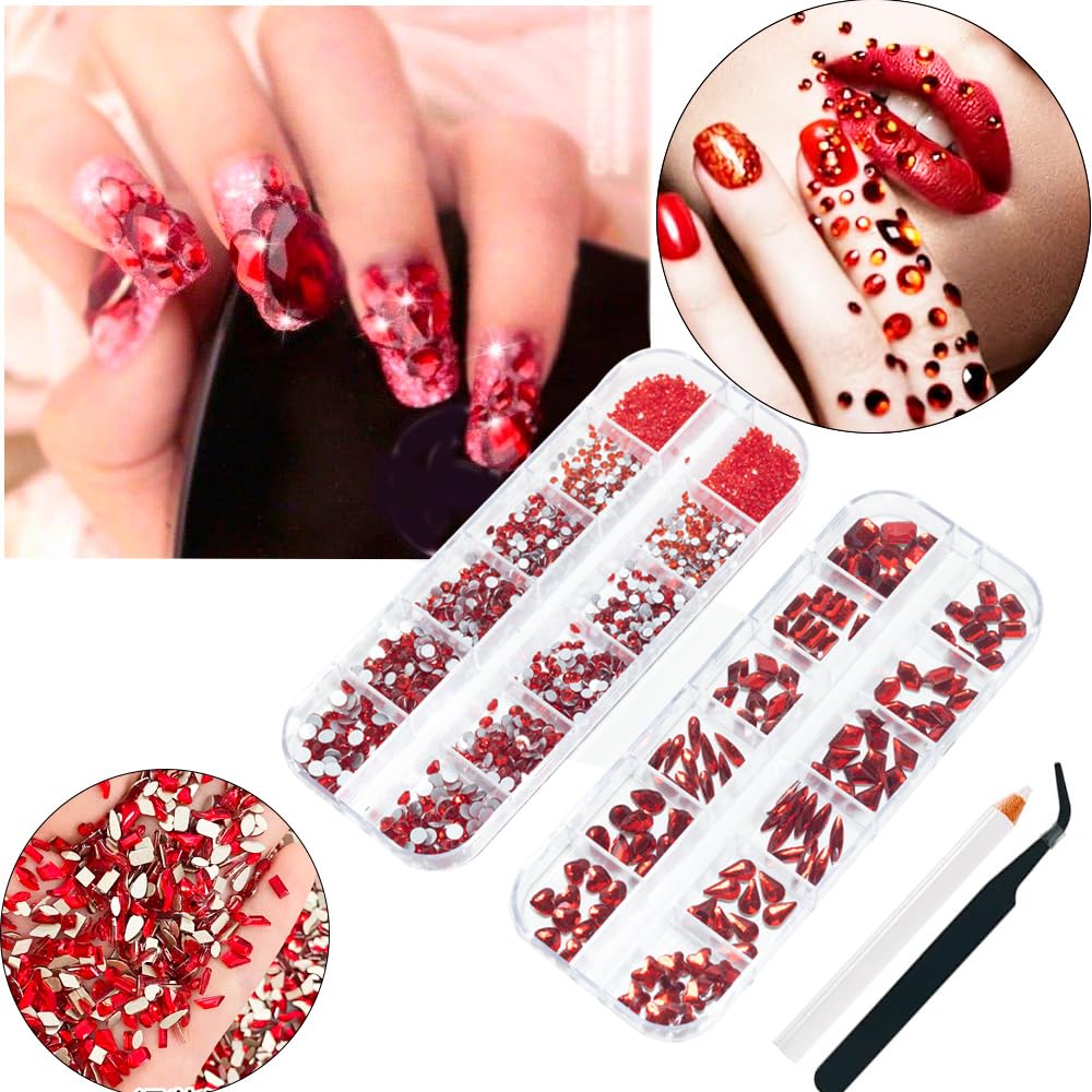 2680 Pcs 3D Red Nail Rhinestones, 120Pcs Big Red Glass Crystal Nail Gems Stones Charms Stones with Bling Diamond Flatback Round Beads, Clear Charm Jewelry for DIY Face Craft Decoration