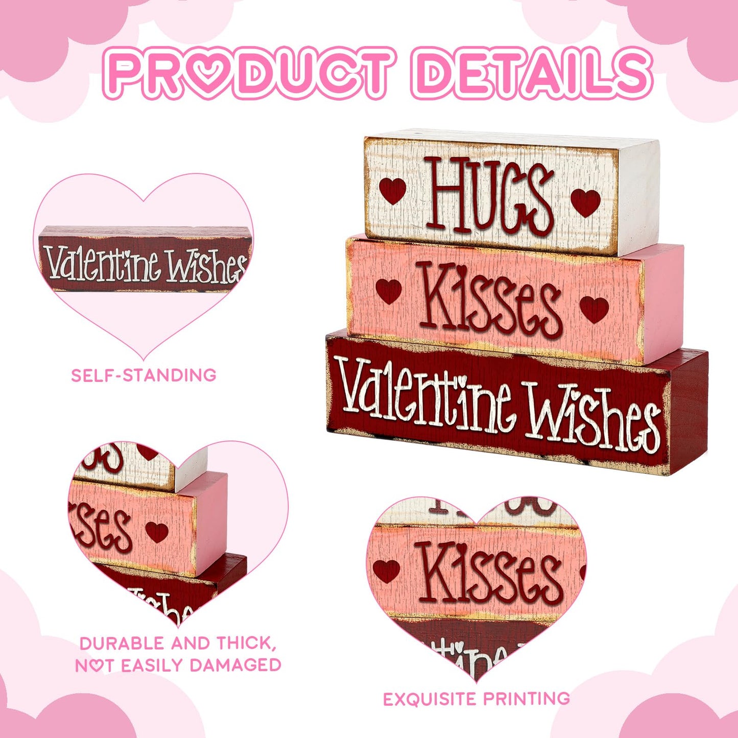 3 Pcs Valentine Table Decoration Signs Tiered Tray Valentine Wooden Love Blocks Heart Wood Freestanding Decor for Farmhouse Centerpiece Wedding Gift(Classic Style)
