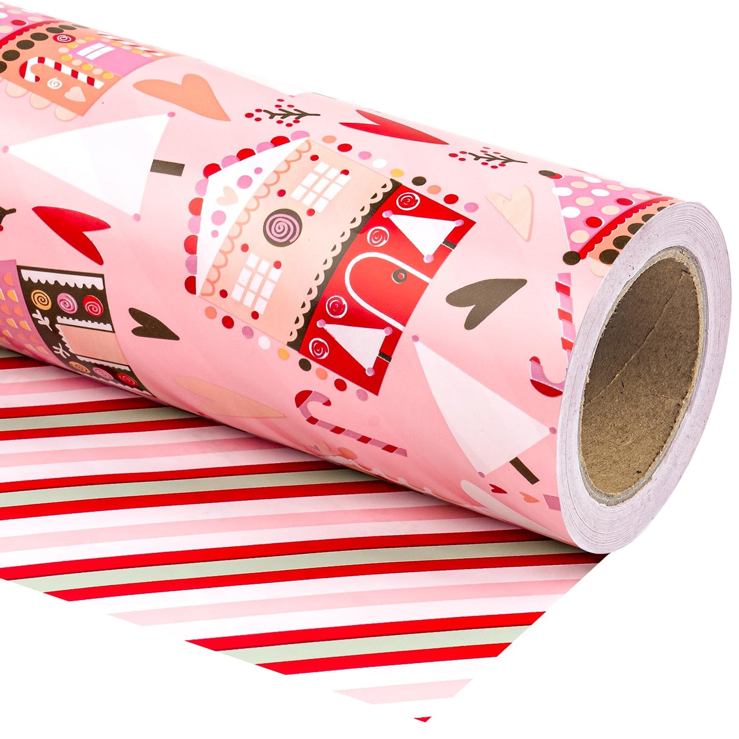 Reversible Christmas Wrapping Paper - Mini Roll - 17 Inch x 33 Feet - House with Christmas Tree and Candy Cane Wrapping Paper for Holiday, Party Celebration