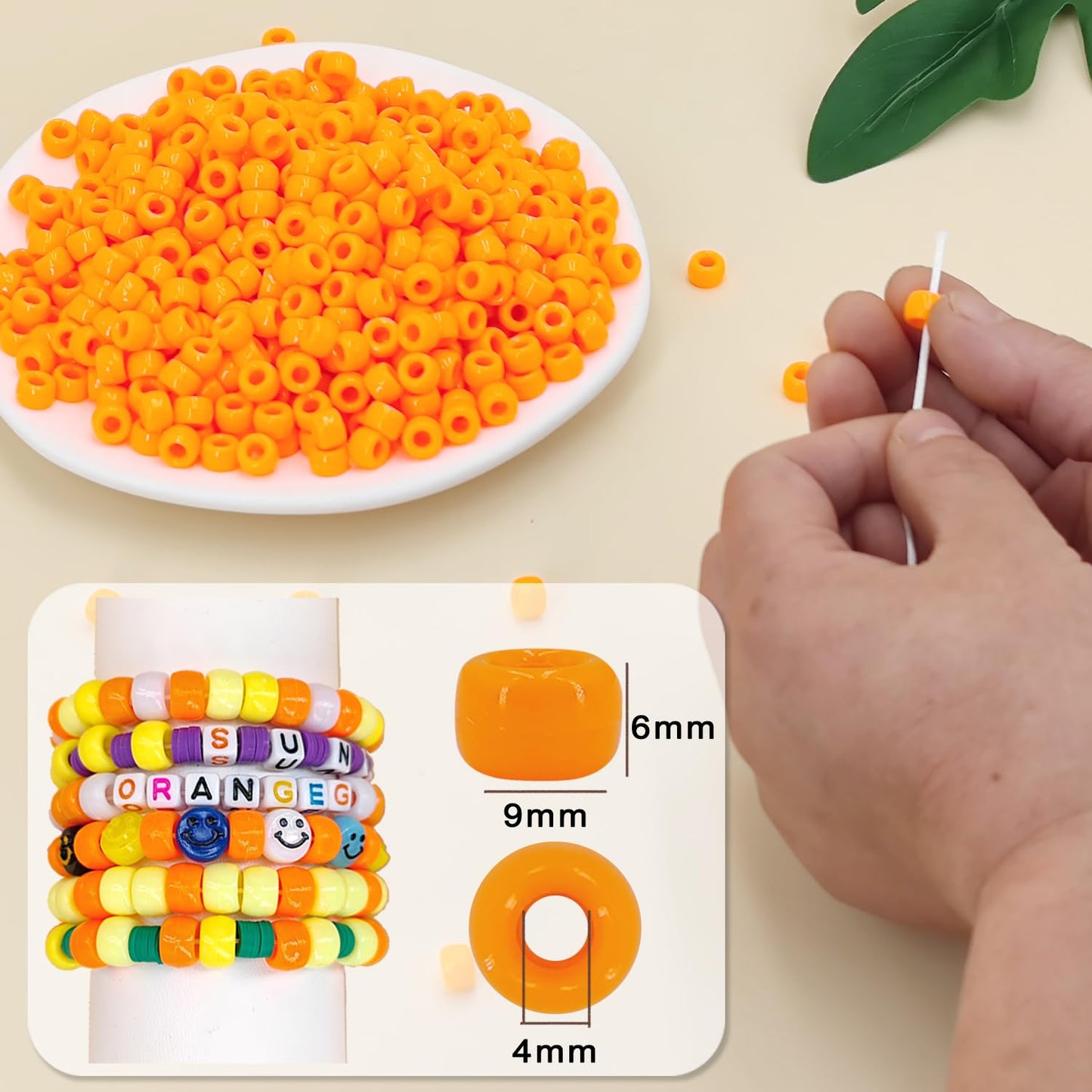 MIIIM 1200PCS 6x9mm Orange Pony Beads Bulk, Kandi Beads for Bracelets Making Kit, Hair Braids Crafts for Jewelry Making (Orange)