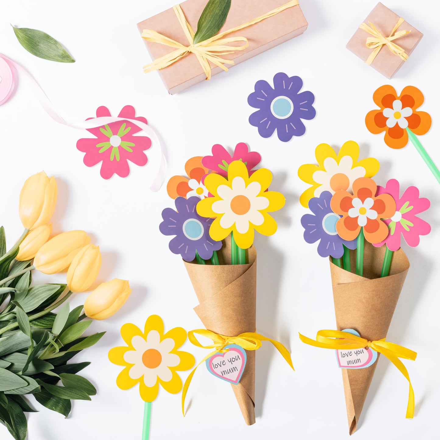 BeYumi Flower Bouquet Craft Kit - 24Pcs Mother's Day Flower Bouquet Craft for Kids Make Your Own Bunch of Flowers Teacher Appreciation Week DIY Thankful Gift Set School Classroom Home Fun Activities