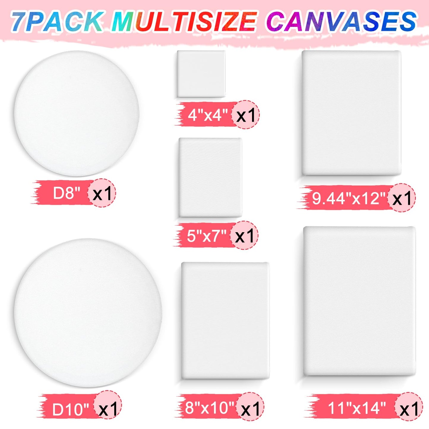 7 Packs Stretched Canvases for Painting,Multi Size 11x14, 9.44x12, 8x10, 5x7, 4x4, Round Canvas with 8x8,10x10, Primed Blank Canvas for Oil Paint, Acrylic Paint, Paint Canvas for Beginner, Artist.