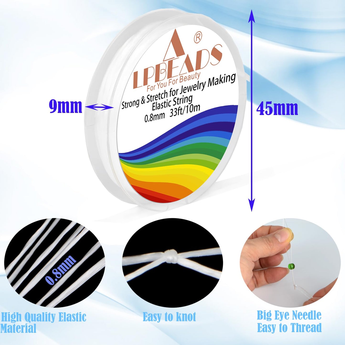 LPBeads 12 Rolls 0.8mm Elastic Stretchy String Cord for Bracelet Jewelry Making with Beading Needles and Ruler