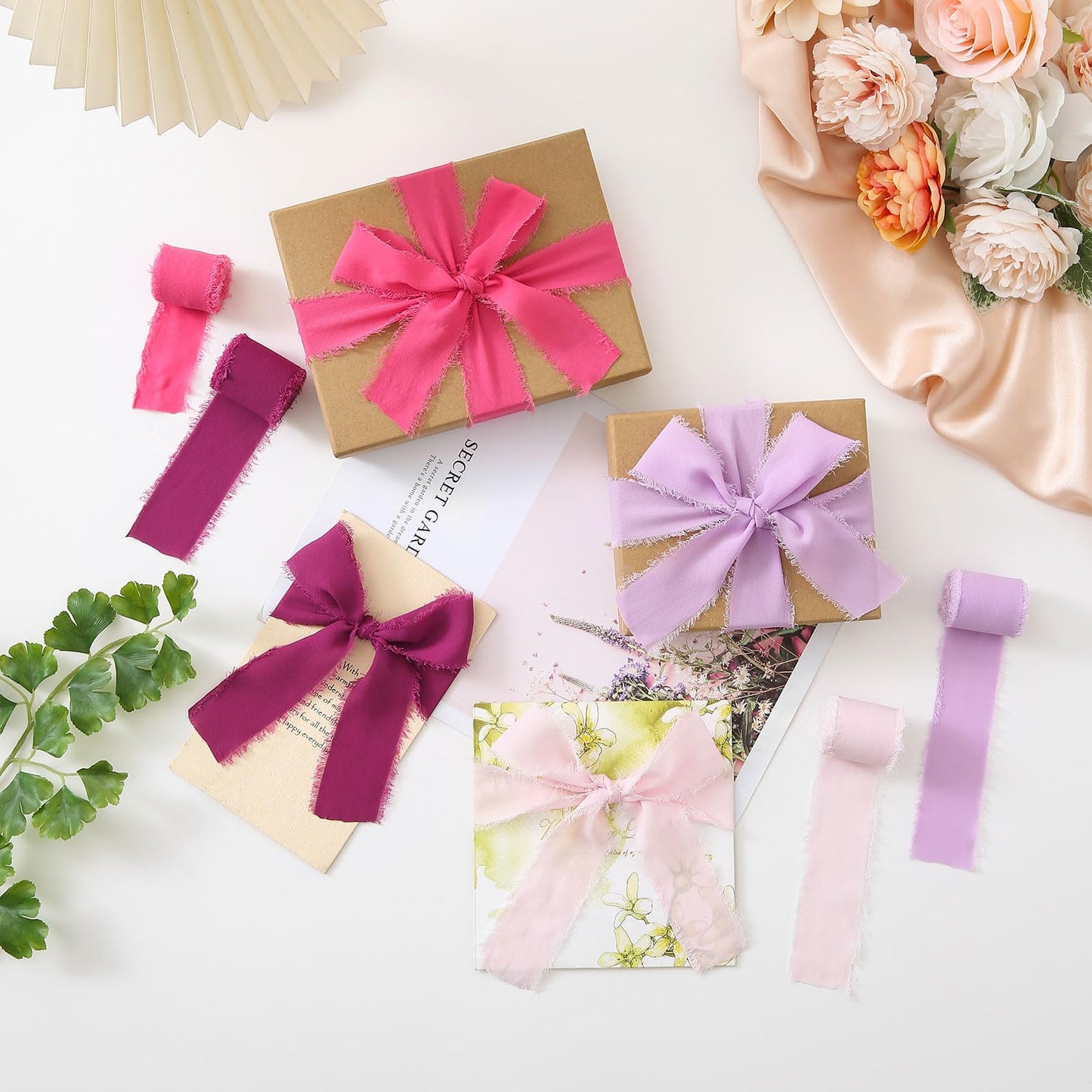 Pretty Jolly Pink Purple Chiffon Ribbon for Gift Wrapping 4 Rolls 2 Inch x 5Yd Silk Ribbons Handmade Fringe Fabric Ribbon for Flower Bouquet,Wedding Invitations,DIY Crafts and Hair Bows