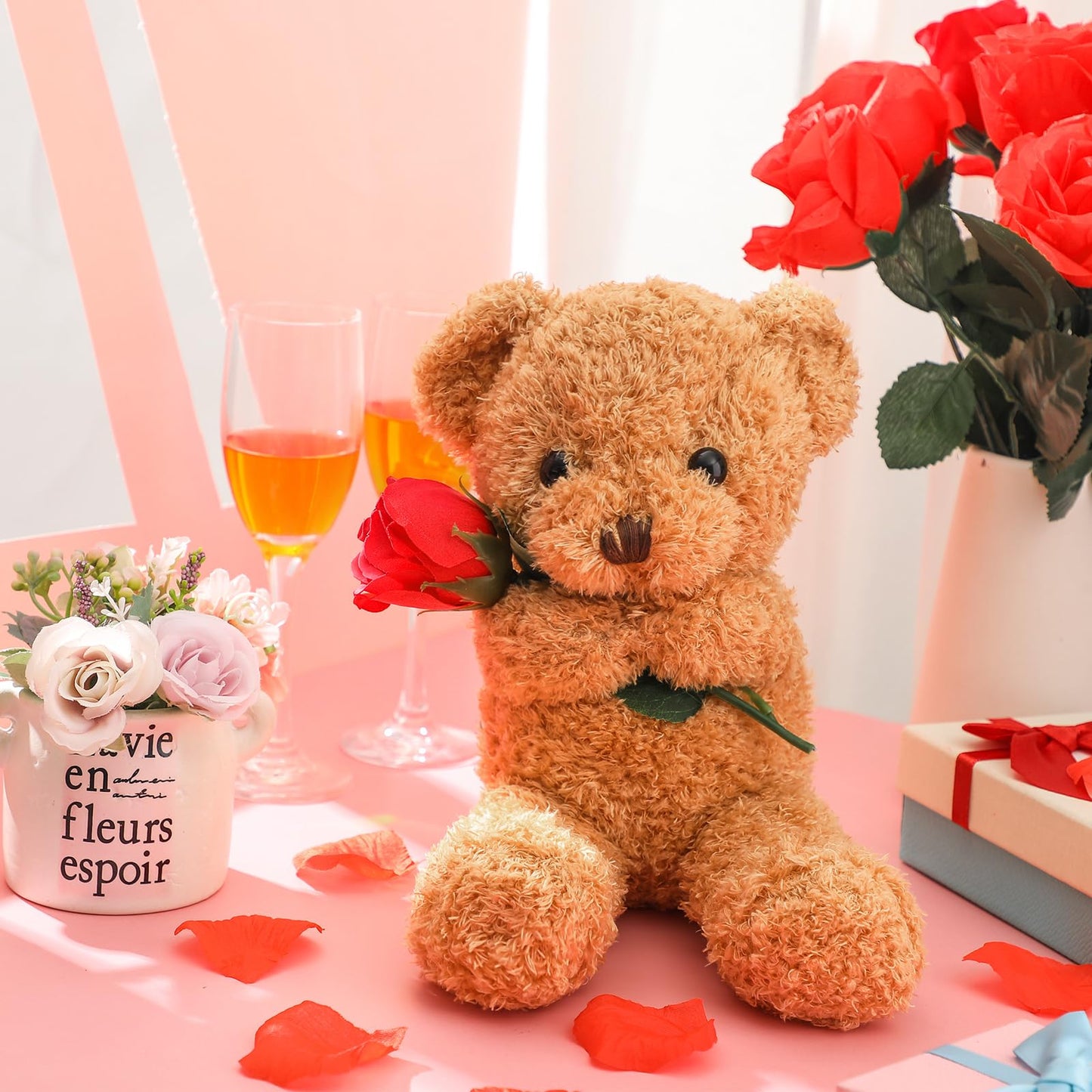 Valentine Bear Stuffed Animal Gift with Rose Funny Cute Bear Stuffed Animal Plush Gift for Valentine Mother Birthday Wedding Christmas, 11.8 Inches(Beige)